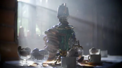 Russian traditions of tea drinking. Russian samovar on the table. still life. Stock Footage 156746229