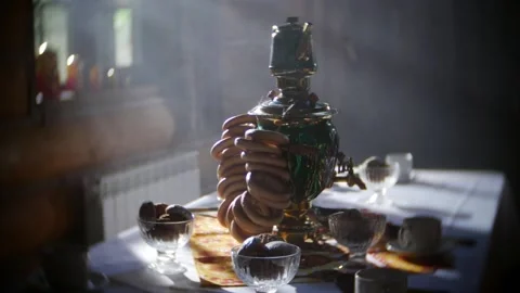 Russian traditions of tea drinking. Russian samovar on the table. still life. Stock Footage 156746251