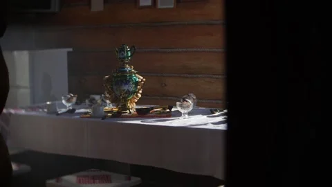 Russian traditions of tea drinking. Russian samovar on the table. still life. Stock Footage 156746471