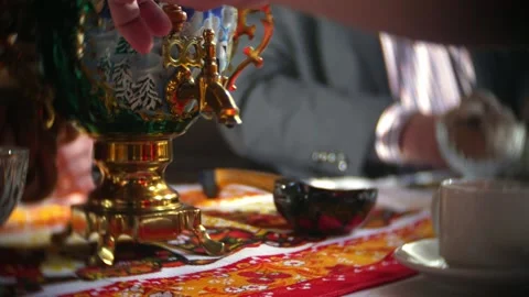 Russian traditions of tea drinking. Russian samovar on the table. still life. Stock Footage 156746914