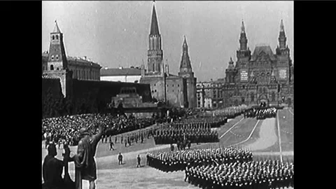 Russian troops in Stalinist army march in Red Square. Stock Footage