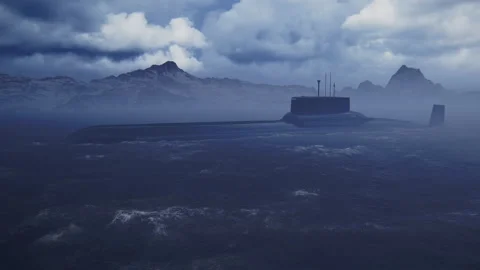 Russian Typhoon Akula class submarine emerging from the dark sea - 3d animation Stock Footage 158114846