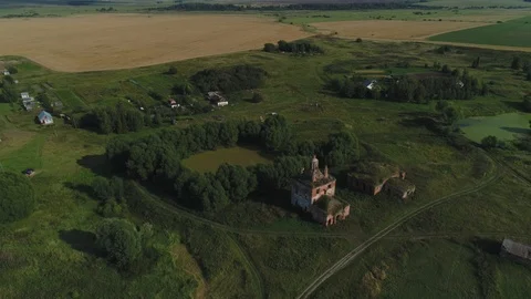 Russian village with crumbling churches Stock Footage