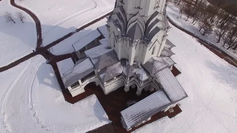 Russian winter landscape. White old Kremlin In Kolomenskoe Moscow Aerial Video stock 72665544