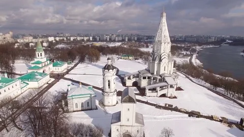 Russian winter landscape. White old Kremlin In Kolomenskoe Moscow Aerial Video stock 72665626