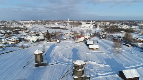 Russian winter in Suzdal. Panoramic view of Suzdal from the drone. Stock Footage 101655336