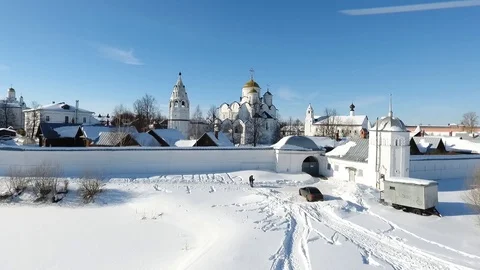 Russian winter in Suzdal. Panoramic view of Suzdal from the drone. Stock Footage 104574883