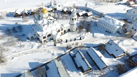 Russian winter in Suzdal. Panoramic view of Suzdal from the drone. Stock Footage 104574897