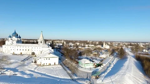 Russian winter in Suzdal. Panoramic view of Suzdal from the drone. Stock Footage 104574920