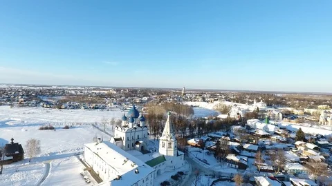 Russian winter in Suzdal. Panoramic view of Suzdal from the drone. Stock Footage 104574955