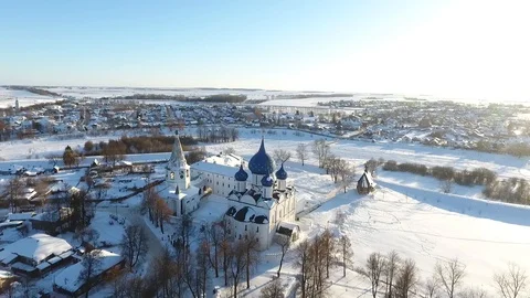Russian winter in Suzdal. Panoramic view of Suzdal from the drone. Stock Footage 104575054