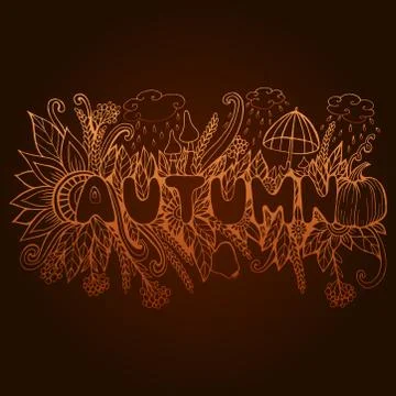 Rust Autumn Word with Doodle elements: pumpkin, mushroom, flowers, leafs, clo Stock Illustration