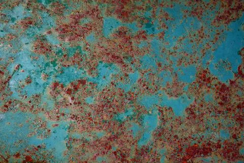 Rust background peeling cracked blue paint dirty metal plate weathered rough Stock-Fotos