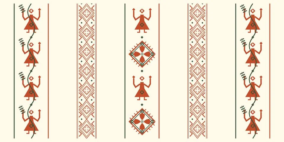 Rust-colored dancing figures, olive botanical accents, and geometric bands .. Stock-Illustration