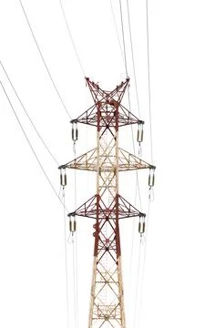Rust-colored high voltage transmission tower isolated on white Stock Photos