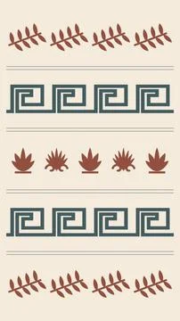 Rust-colored leaves, classic meanders, lotus shapes, and curling waves form.. Illustrazione stock