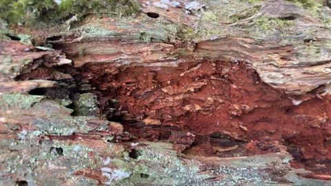 Rust coloured old rotting back and tree deep in the forest Stockfoto's
