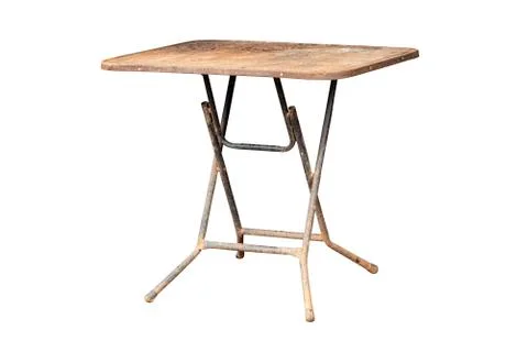 Rust old steel folding table dirty with scratches isolated on white backgroun Stock Photos
