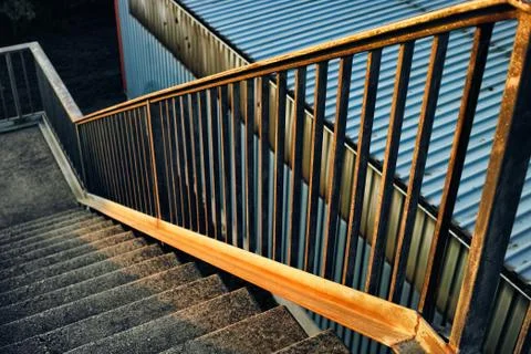 Rust railing stairs concrete Fall Protection. Stock-Fotos