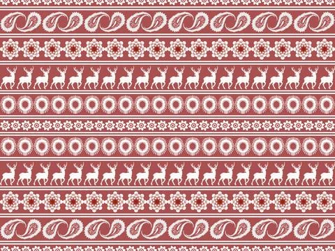 Rust Red Folk Textile Pattern with Deer and Floral Motifs Seamless Fabric Design Illustration