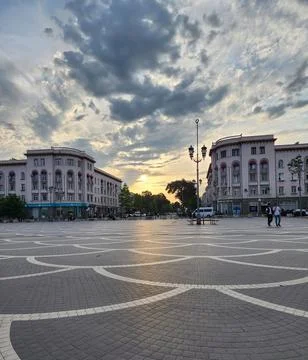 Rustavi, Georgia - Central Square at sunset Stockfoto's