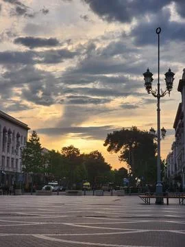 Rustavi, Georgia - Central Square at sunset Stockfoto's