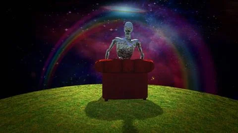 Rusted Alien Surreal composition. Rusted alien sits in red armchair and ob... Fotos Stock