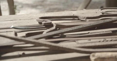Rusted Antique Tools on Wooden Workbench Stock Footage 153063370