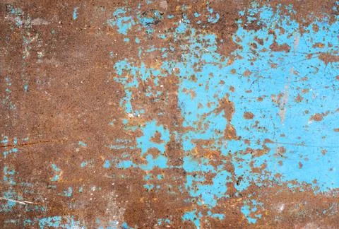 Rusted iron sheet, panel with old blue paint on surface as background Foto stock
