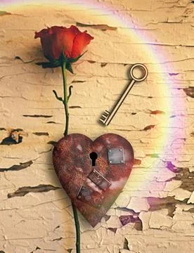 Rusted love Surrealism. Red rose and rusted heart with metal patches and k... Stock Photos