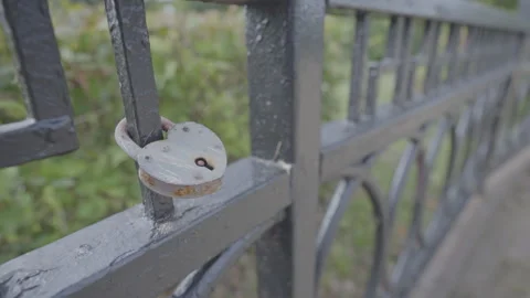 Rusted padlock attached to railing on bridge against tree Stock Footage 249315468