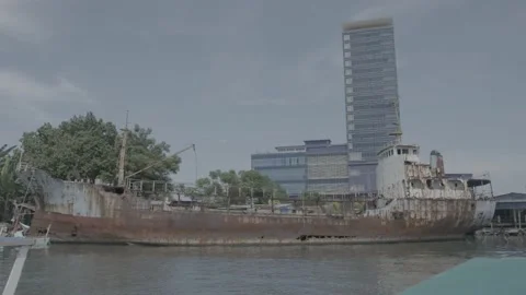 Rusted Ship Docked in Marina Stock Footage 159135377