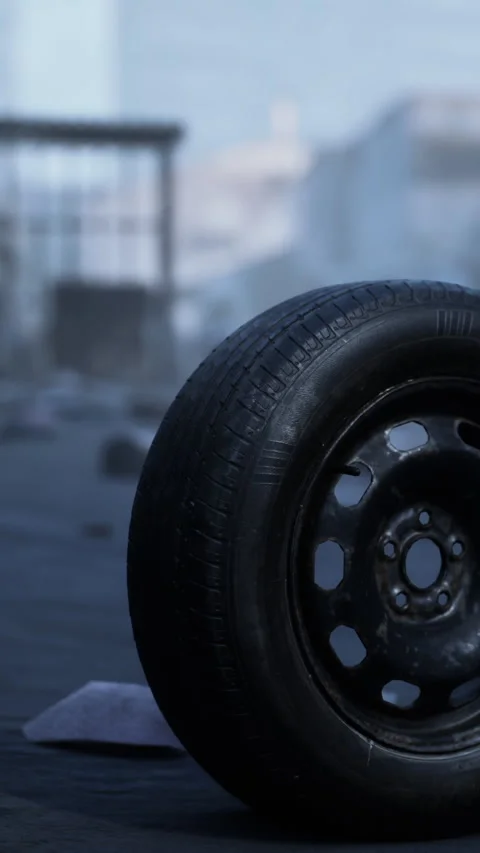 Rusted tire rests on pavement in abandoned industrial area during daytime Stock Footage 342153387