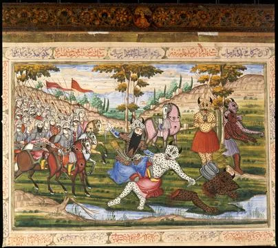 Rustem killing the white devil. Gouache. Stock Illustration