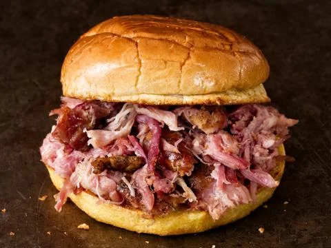 Rustic american pulled pork sandwich Stock Photos