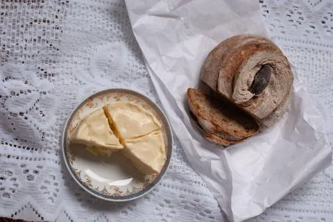 Rustic Artisan Bread with Fresh Bree Cheese Stock Photos
