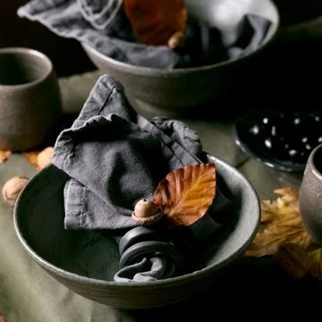 Rustic autum table setting with craft ceramic tableware Stock Photos