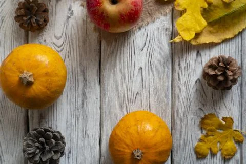 Rustic Autumn Flat Lay with Pumpkins and Candle Stock Photos