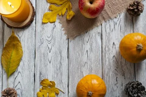 Rustic Autumn Flat Lay with Pumpkins and Candle Stock Photos