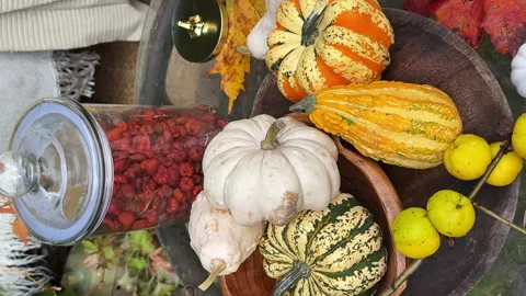 Rustic autumn still life with pumpkins, berries, cozy blankets, and fall leaves  Stock Footage 318078853
