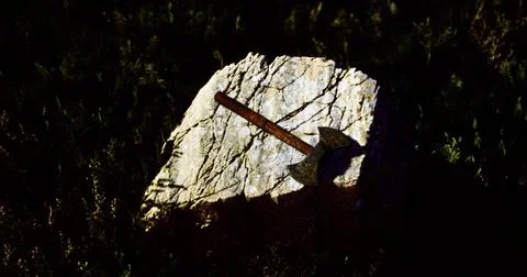 Rustic axe resting on a weathered stone in a grassy setting at dusk Stock Illustration