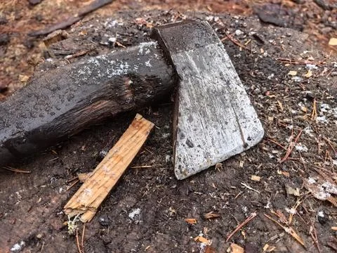 Rustic axe resting on a weathered stump in a tranquil forest scene Stock Photos