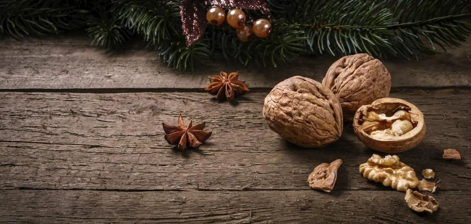 Rustic background with anise, walnut and fir branch. you can use it for a Stock Photos