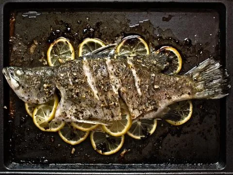 Rustic baked fish Stock Photos