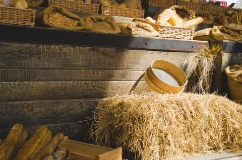 Rustic bakery shop with sunbeams Stock Photos