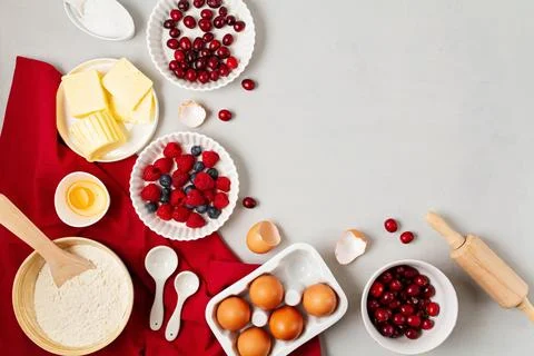 Rustic baking ingredients flat lay. Homemade pastry, baking. Top view flat .. Stock Photos