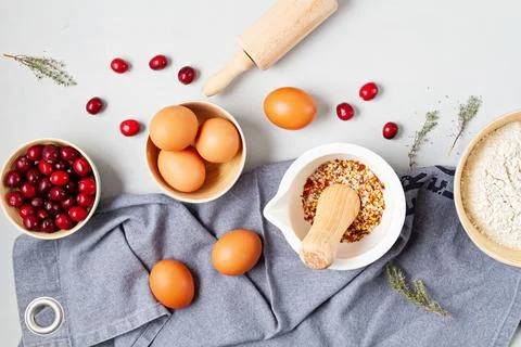 Rustic baking ingredients flat lay. Homemade pastry, baking. Top view flat .. Stock Photos