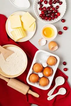 Rustic baking ingredients flat lay. Homemade pastry, baking. Top view flat .. Stock Photos