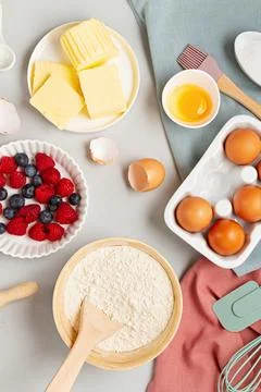 Rustic baking ingredients flat lay. Homemade pastry, baking. Top view flat .. Stock Photos