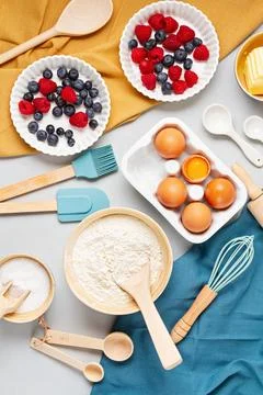 Rustic baking ingredients flat lay. Homemade pastry, baking. Top view flat .. Stock Photos